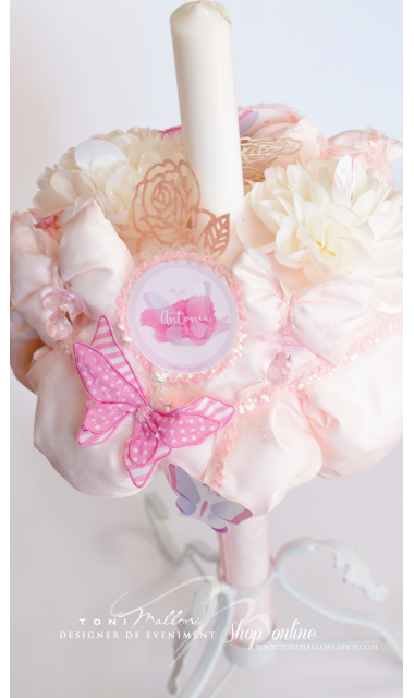 Lumanare de botez pentru fetite cu fluturi si dantele roz, 65x4cm,  Pink Butterfly  6